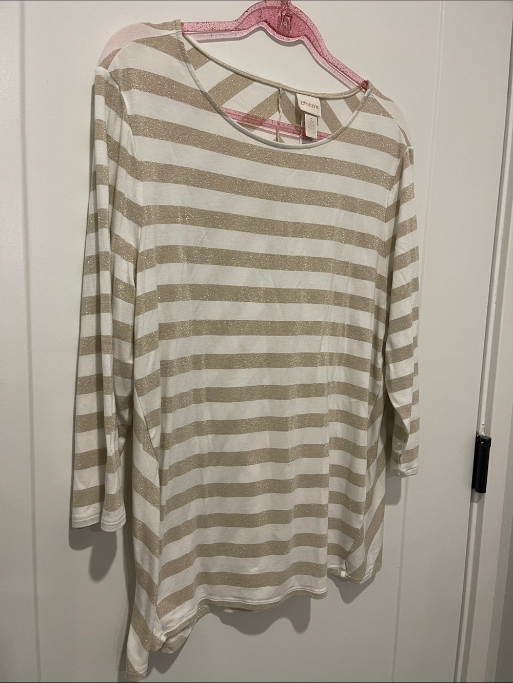 Chico's Gold and White Striped Long Sleeve Scoop Neck Top